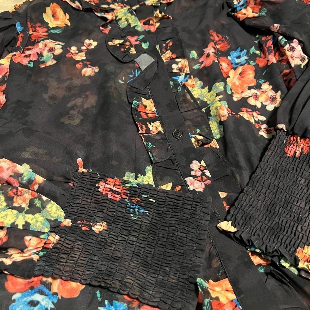 First Love Smocked Floral Blouse with Mandarin Collar